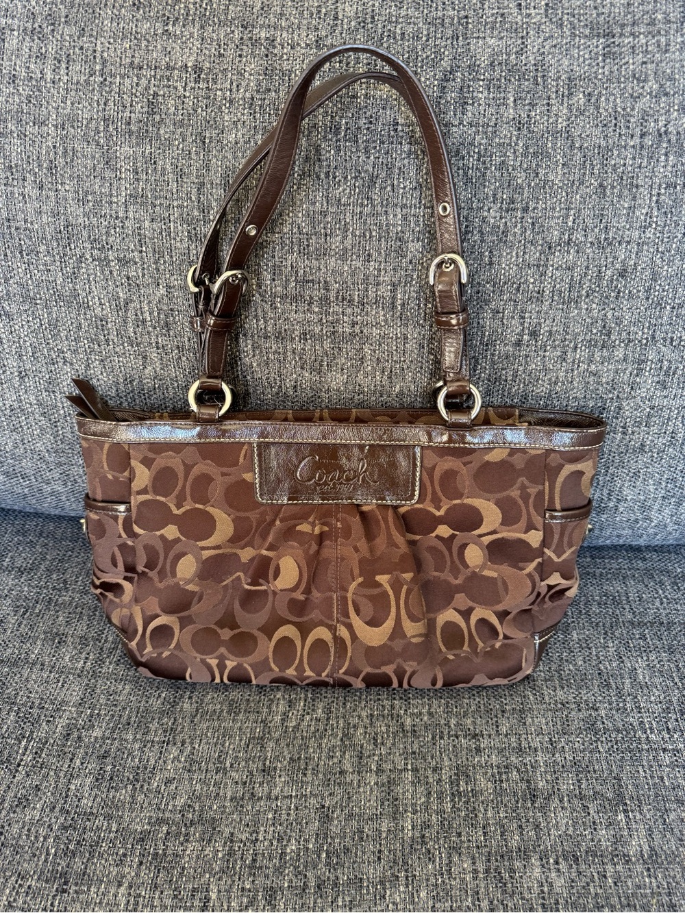 Y2K Coach Signature Pleated Gallery Tote Brown monogram C jacquard fabric